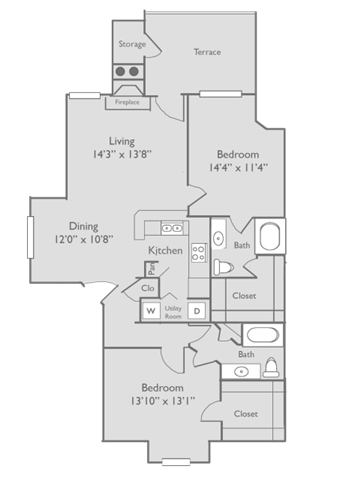 Floor plan for 2 beds, 2 baths, 1100 sqft